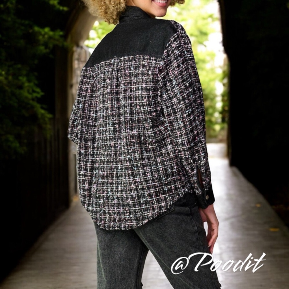 SIGNATURE EIGHT Denim contrast tweed shacket sz S M L - Picture 3 of 8